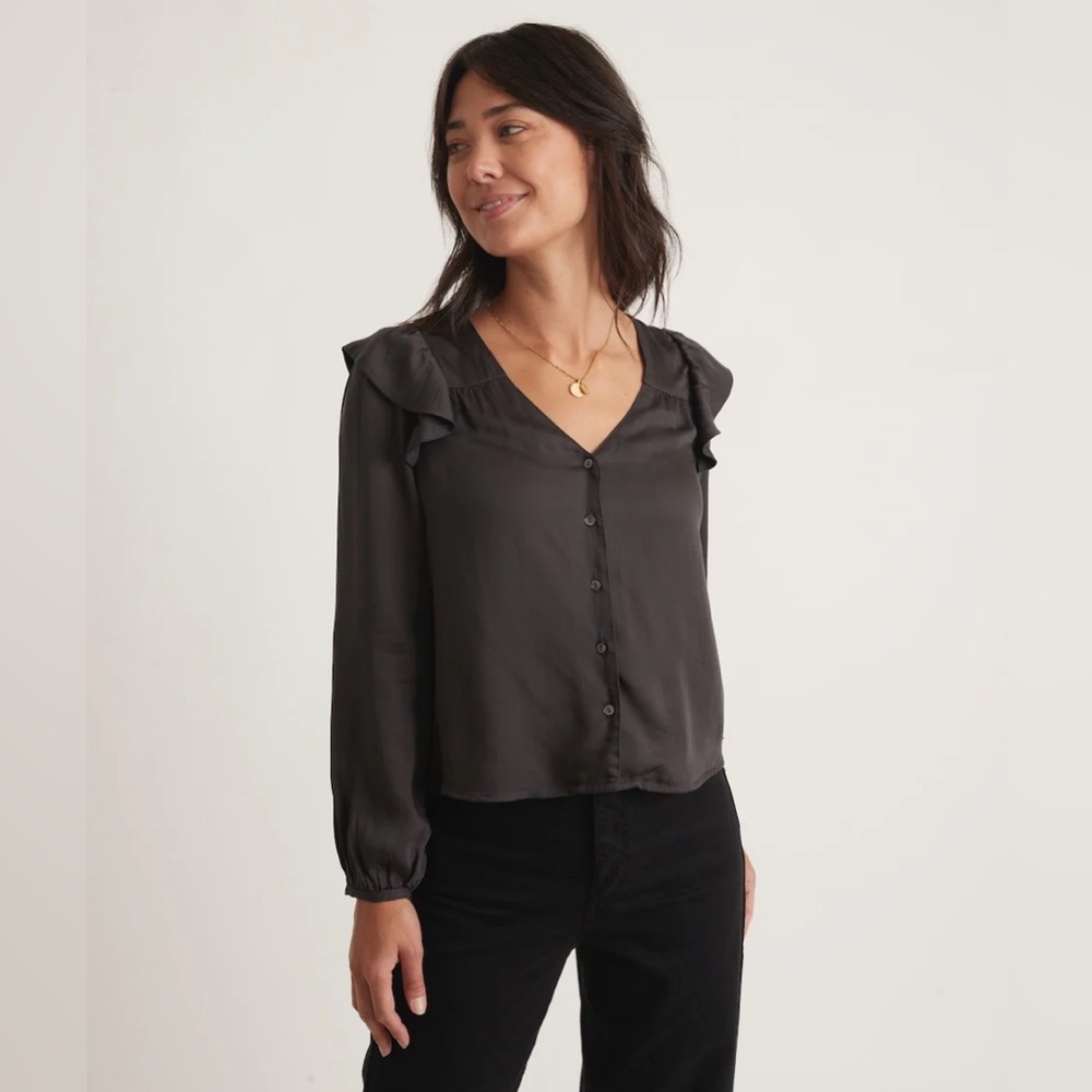 Marine Layer Rory Long Sleeve Ruffle Blouse in Charcoal